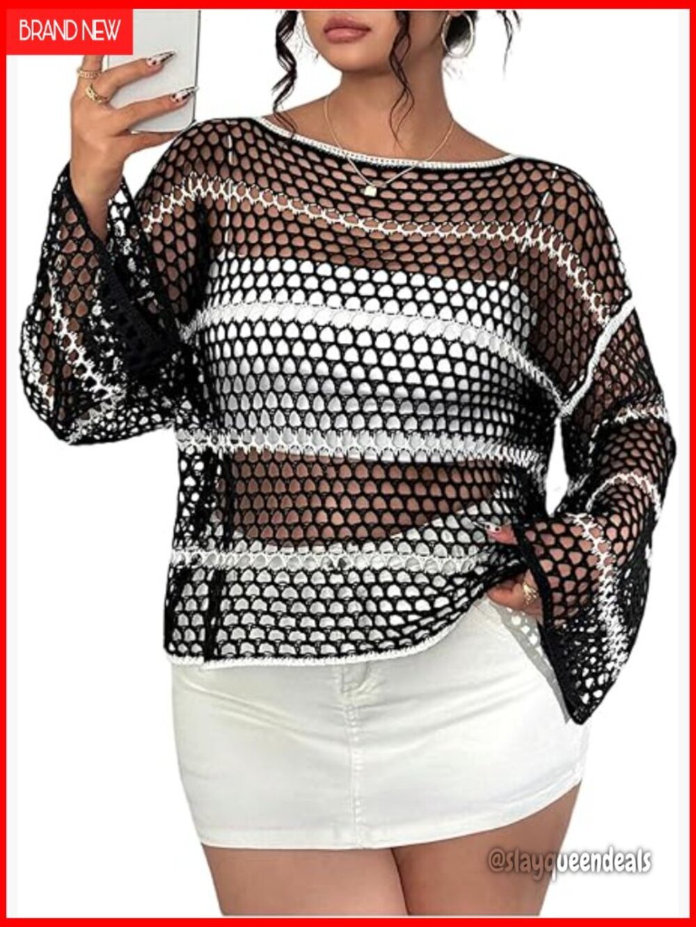 Plus Size Crochet Knit Top Bell Sleeve Boat Neck Sheer Sweater Pullover